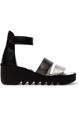 Fly London Dames BONO290FLY Zilver Zwart Idra Leren Sandalen Espadrille Wedges