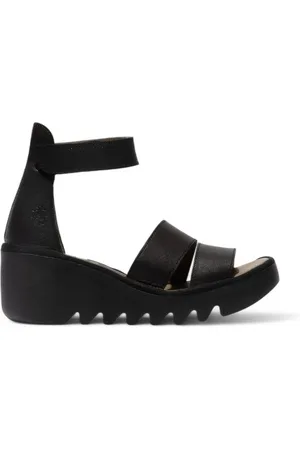 Fly London Dames BONO290FLY Zwarte Mousse Leren Sandalen Espadrille Wedges