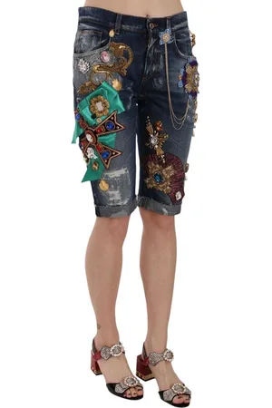 Dolce & Gabbana Met Kristal Verfraaide Denim Capri-shorts