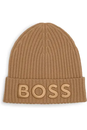 HUGO BOSS Accessories Lara Embroidered Logo Beanie in Beige