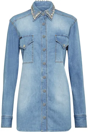 Philipp Plein Crystal Collar Denim Shirt Ls