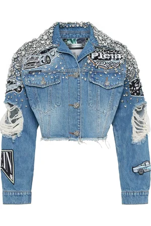 Philipp Plein Denim Cropped Jacket Ls Stones Cars Racing