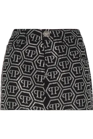 Philipp Plein Denim Mini Skirt Degrade Strass Monogram