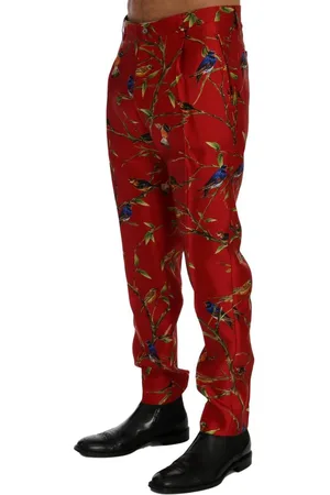 Dolce & Gabbana Slim Fit Zijden Broek Met Rode Vogelprint Voor Heren