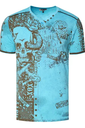 Rusty Neal T-shirt met V-hals en all-over skull- en slangprint en suède details