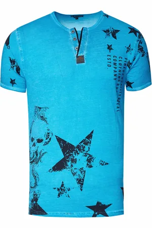 Rusty Neal T-shirt met ronde hals en Henley-stijl, met opdrukken en knoopsluiting