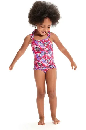 Speedo Een eendelig babypakje met dunne bandjes en franje, bedrukt om te leren zwemmen ( /paars)