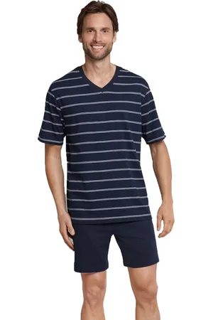 Schiesser Heren shortama - Blue Stripe - Katoenen zomer heren pyjama korte broek - Korte mouwen
