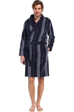 Pastunette Heren badjas Velours - 115CM - Blue Stripe - Lange warme ochtendjas voor mannen