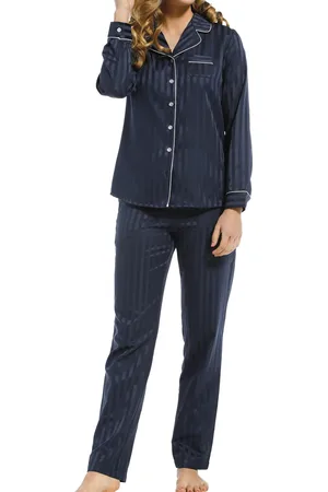 Pastunette Deluxe dames pyjama satijn - Donkerblauw - Dames nachtkleding lange mouw - Satijnen pyjama