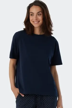 Schiesser Dames pyjamashirt korte mouw - Mix & Relax - Los wijd katoenen pyjama shirt donkerblauw