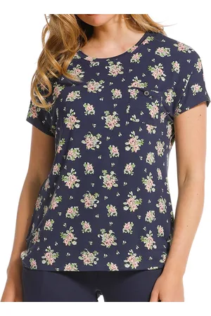 Pastunette Pyjama top dames - Deluxe - NOS - Donkerblauw pyjama shirt korte mouw - Bloemen print