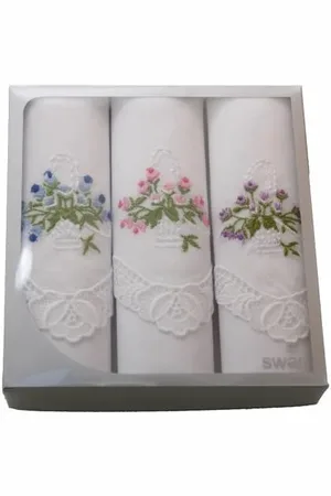 Swan Products Dames zakdoeken borduur kant 3-pak - Katoenen zakdoeken - Cadeau verpakking