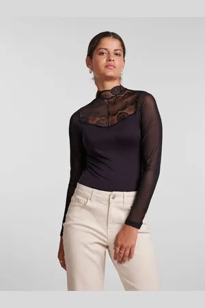 Pieces® Kanten body lange mouw- Naya Bodystocking - Kanten bodysuit lange mouwen maat XS zwart