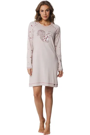 Pastunette Rebelle dames nachthemd lange mouw - Beige nachtjaon ronde hals tricot