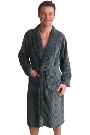 Outfitter Heren Fleece Badjas - Winter Stripe - Warme winter ochtendjas - Ceintuur - Sjaalkraag