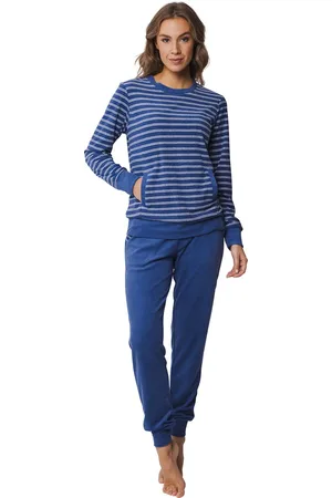 Pastunette Dames pyjama Badstof - Blue Winter - Warme winter pyjama donkerblauw