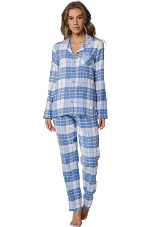 Rebelle Dames pyjama Flanel - Ligt Blue - 100% katoenen pyjama met knoopsluiting en lange mouwen
