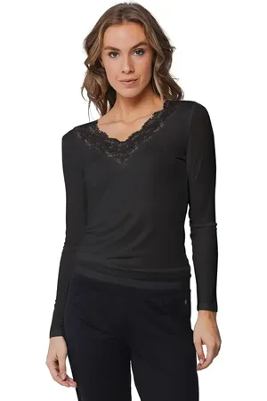 Mey Pastunette wollen/modal kanten dames shirt lange mouw - Kanten dames ondershirt met diepe hals