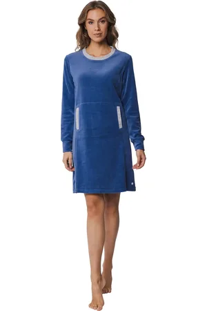 Pastunette Velours dames nachthemd - Winter Blue - Winter nachtjapon met ronde hals