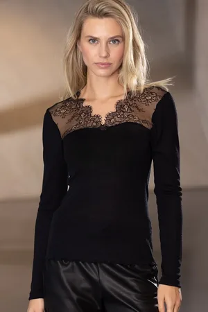 Nina Von C. Kanten merino wollen shirt lange mouw dames - Warm kanten ondershirt met V-hals