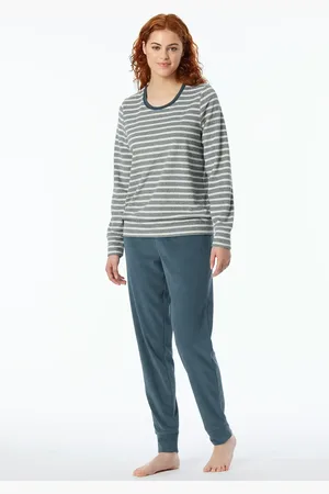 Schiesser Dames pyjama badstof - Streep - Warme winter pyjama lange mouwen - Ronde hals - Met boordjes
