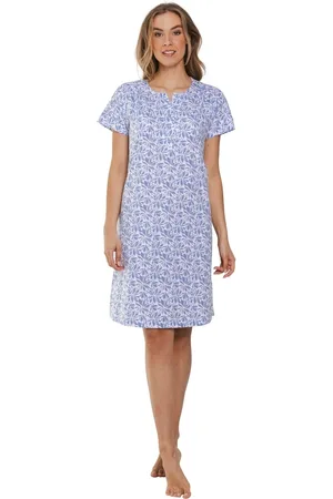 Pastunette Dames nachthemd katoen korte mouw - Blue Floral - Met knoopsluiting nachtjapon