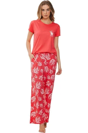 Pastunette Rebelle Dames Pyjama katoen met k/m en wijde pijpen - Sea Plants
