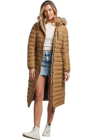 Superdry Lang en licht donsjack met nepbont voor vrouwen