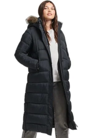 Superdry Lange jas met capuchon en imitatiebont voor vrouwen