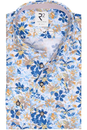 R2 Amsterdam R2 Overhemd Knitted Bloemenprint Blauw Extra Long Sleeves