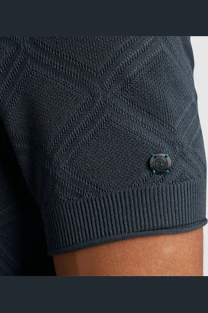 Cast Iron Knitted Half Zip Poloshirt Structuur Blauw