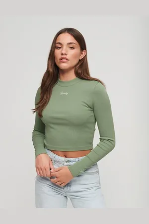 Superdry Vrouwen Geribde Korte top met Lange Mouwen en Borduursel Grootte: 40
