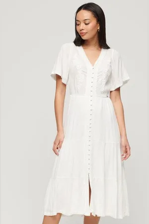 Superdry Vrouwen Gelaagde Midi-jurk met Borduursel Grootte: 44