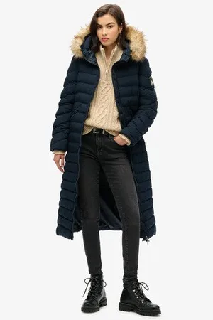 Superdry Vrouwen Lange Fuji-jas met Capuchon van Imitatiebont Grootte: 40