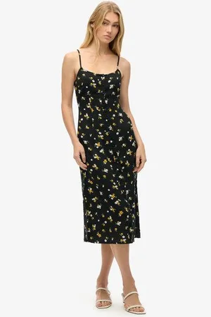 Superdry Vrouwen Cami Midi-jurk met Knoopsluiting en Print Grootte: 38