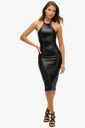 Superdry Vrouwen Midi-jurk met Lovertjes en Halternek Grootte: 36
