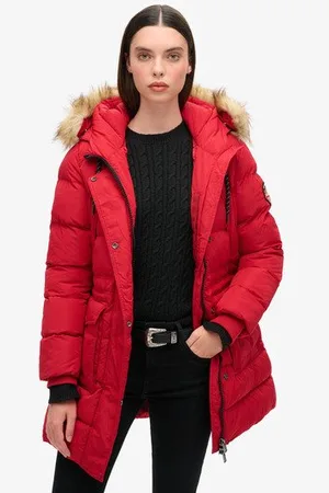 Superdry Vrouwen Everest Halflange Pufferjas van Imitatiebont Grootte: 36