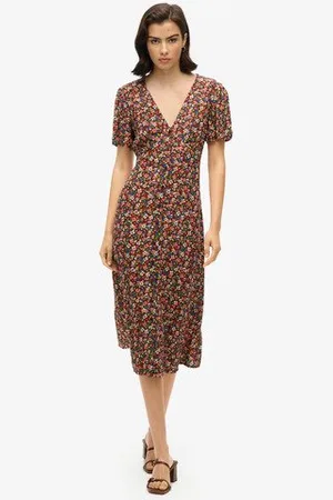 Superdry Vrouwen Bedrukte Midi-teadress met Knopen en Korte Mouwen Grootte: 40