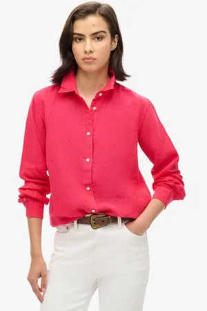 Superdry Vrouwen Casual Boyfriend-overhemd van Linnen Grootte: 34