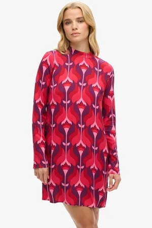 Superdry Vrouwen Mini-jurk met Print en Lange Mouwen Grootte: 40