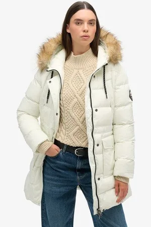 Superdry Vrouwen Everest Halflange Pufferjas van Imitatiebont Grootte: 44