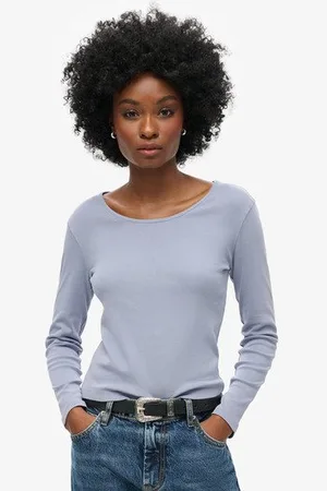Superdry Vrouwen Fijngeribde top met Laag Uitgesneden Ronde Hals en Lange Mouwen Grootte: 36