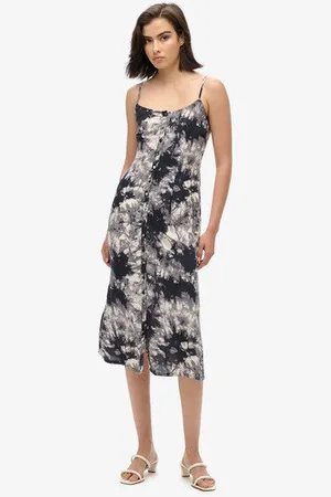 Superdry Vrouwen Cami Midi-jurk met Knoopsluiting en Print Grootte: 38