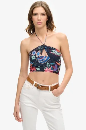 Superdry Vrouwen Kort Geweven Topje met Uitsnijdingen Grootte: 36