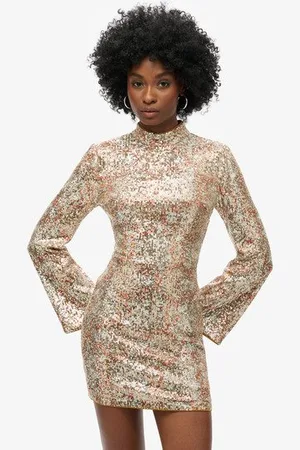 Superdry Vrouwen Mini-jurk met Print, Pailletten en Lange Mouwen Grootte: 42