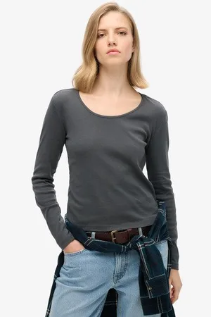 Superdry Vrouwen Fijngeribde top met Laag Uitgesneden Ronde Hals en Lange Mouwen Grootte: 36