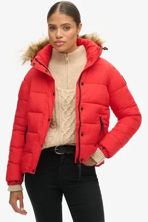 Superdry Vrouwen Kort Pufferjack met Capuchon met Imitatiebont Grootte: 38