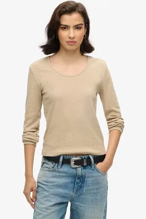 Superdry Vrouwen Fijngeribde top met Laag Uitgesneden Ronde Hals en Lange Mouwen Grootte: 42