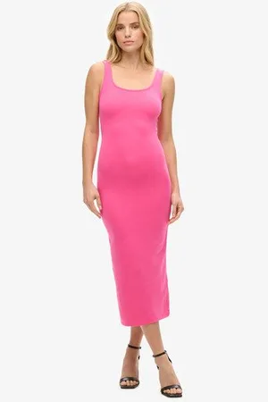 Superdry Vrouwen Jersey Midi-jurk met Vierkante Hals Grootte: 44